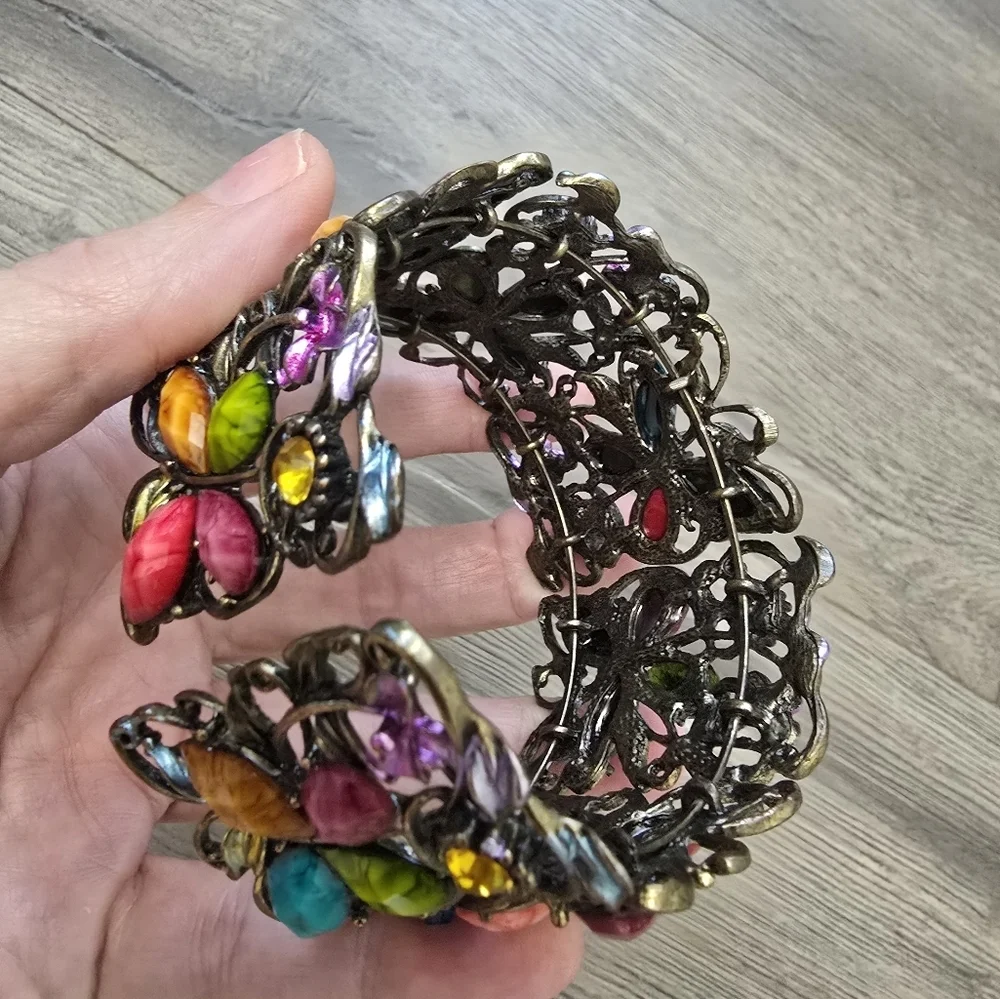 Butterfly Wide Cuff Multicolored Faceted Stone Abstract Colorful Boho Chic